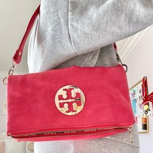 Coral Leather Fold Over Shoulder Bag